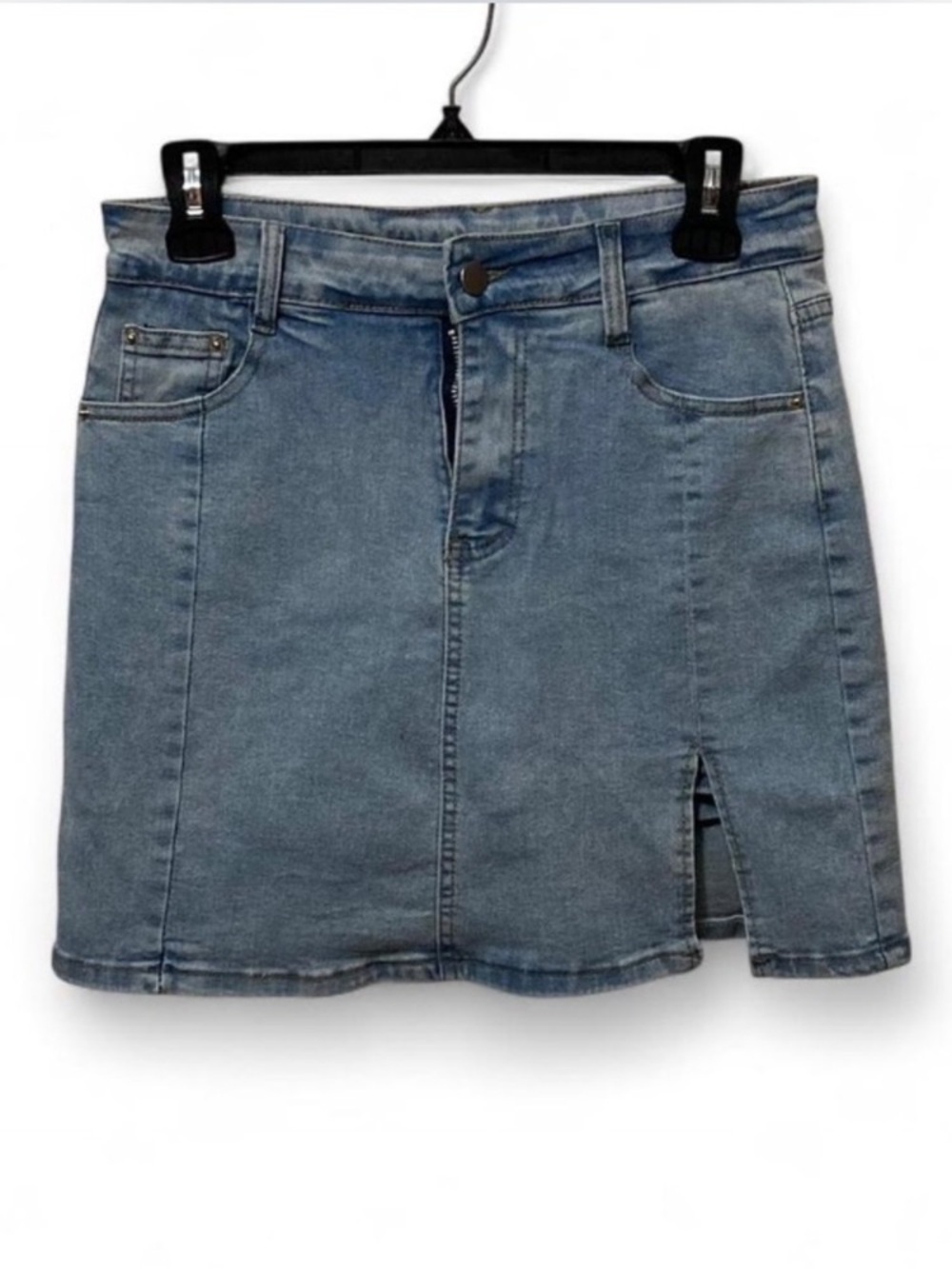 Denim Mini Skirt with Front Slit - Light Blue